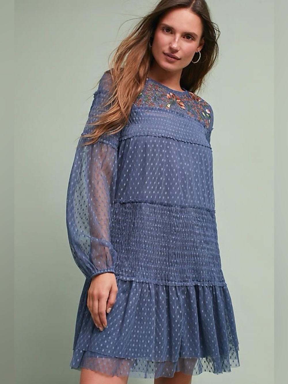 Maeve Navy Floral Embroidered Mesh Print Dress